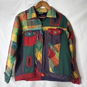 Vtg Yak Magik Women L Patchwork Multicolor Cotton Full Zip Jacket Boho Art Nepal